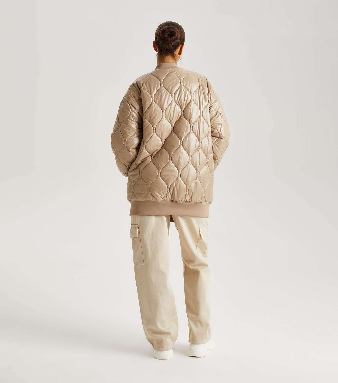 Urban Bliss Camel Quilted Long Bomber Jacket Image 4