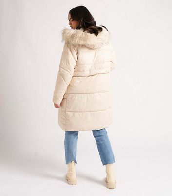 Urban Bliss Off White Faux Fur Hooded Puffer Coat New Look