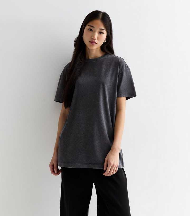 Dark Grey Acid Wash Cotton Crew Neck Oversized T-Shirt