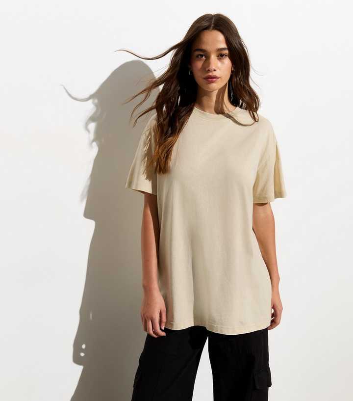 Off White Acid Wash Cotton Crew Neck Oversized T-Shirt