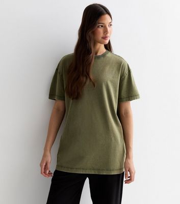 Khaki Acid Wash Cotton Crew Neck Oversized T-Shirt New Look