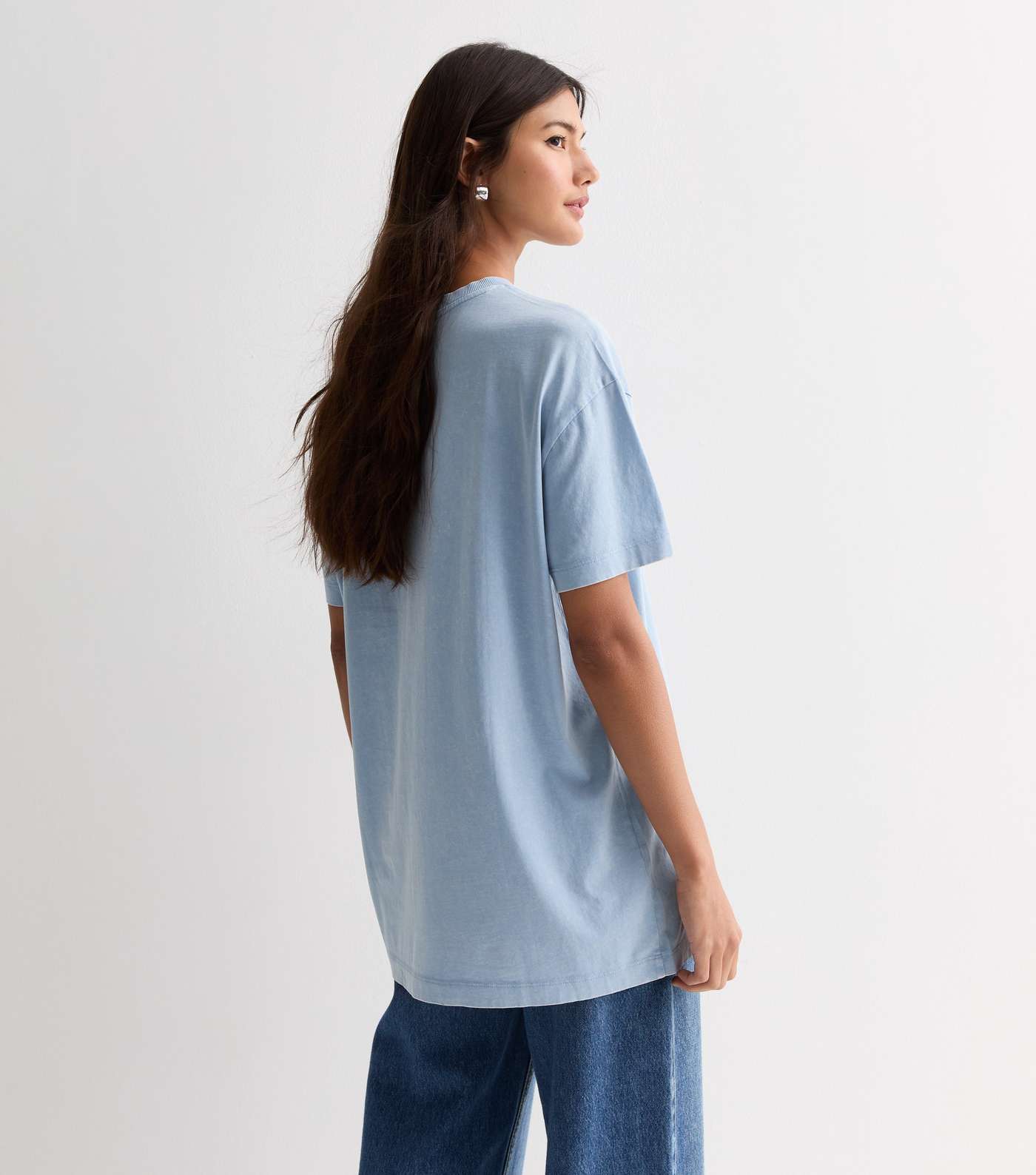 Pale Blue Acid Wash Cotton Crew Neck Oversized T-Shirt Image 4
