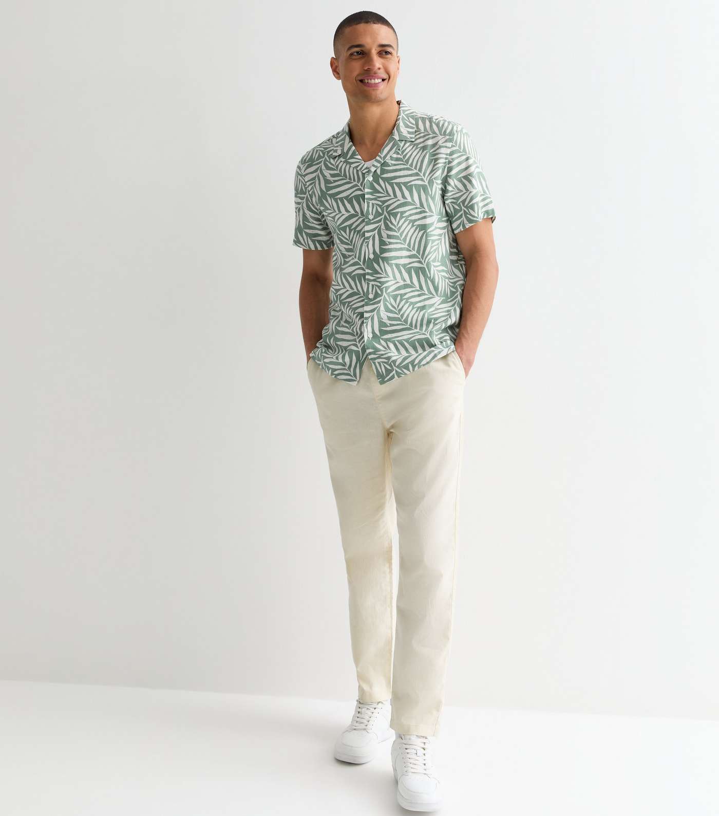 Khaki Linen Blend Palm Tree Print Shirt Image 3