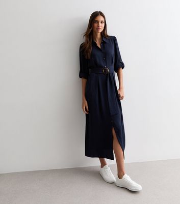 Navy blue cheap midi shirt dress