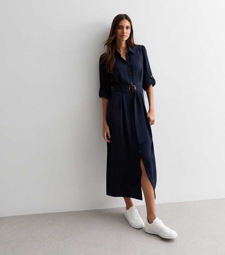 Navy Belted Midi Shirt Dress