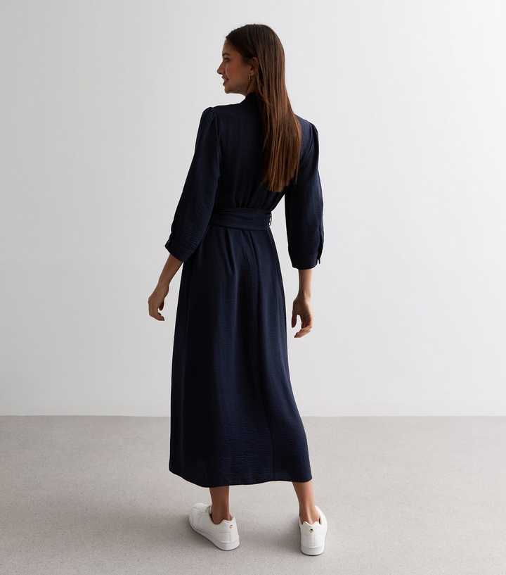 Navy Belted Maxi Shirt Dress