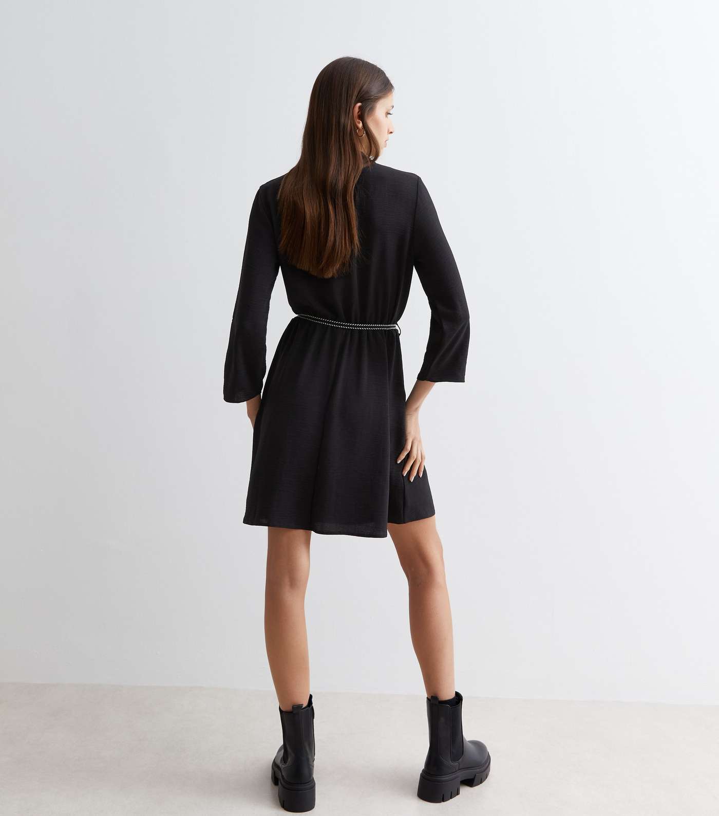 Black Crinkle Rope Belt Mini Shirt Dress Image 4