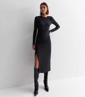 Grey Ribbed Jersey Ruched Side Midaxi Dress