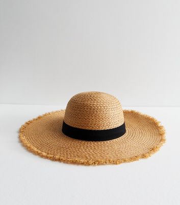 Tan Straw Effect Frayed Floppy Hat New Look