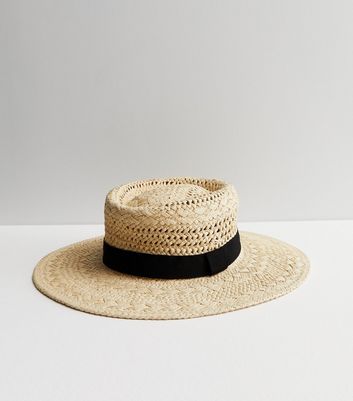 Stone Straw Effect Ribbon Trim Boater Hat New Look