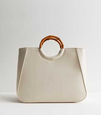 Cream Leather-Look Round Handle Tote Bag