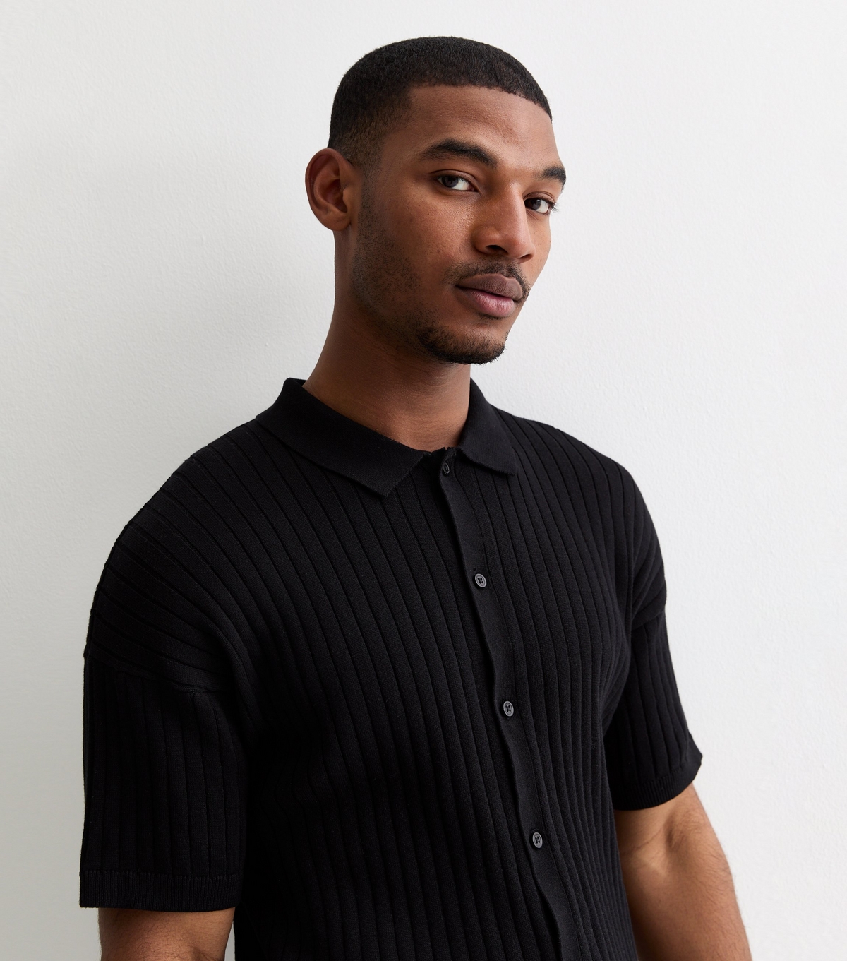 Men's Black Ribbed Knit Button Front Relaxed Fit Shirt New Look