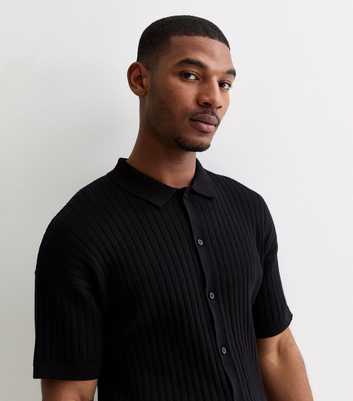 Black Ribbed Knit Button Front Relaxed Fit Shirt