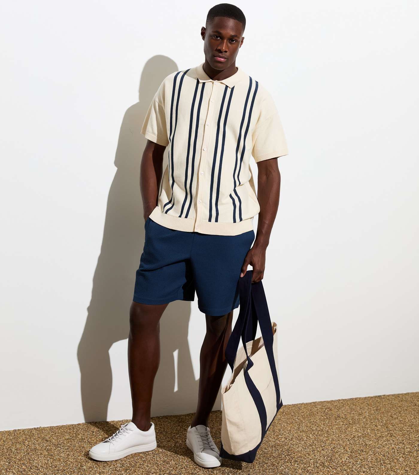 Navy Stripe Textured Button Up Polo Shirt Image 3
