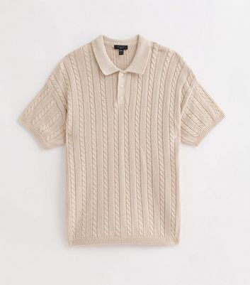 Men's Off White Cable Knit Short Sleeve Polo Top New Look