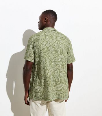 Men's Olive Leaf Print Short Sleeve Shirt New Look