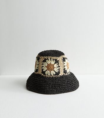 Black Flower Straw Effect Packable Bucket Hat New Look