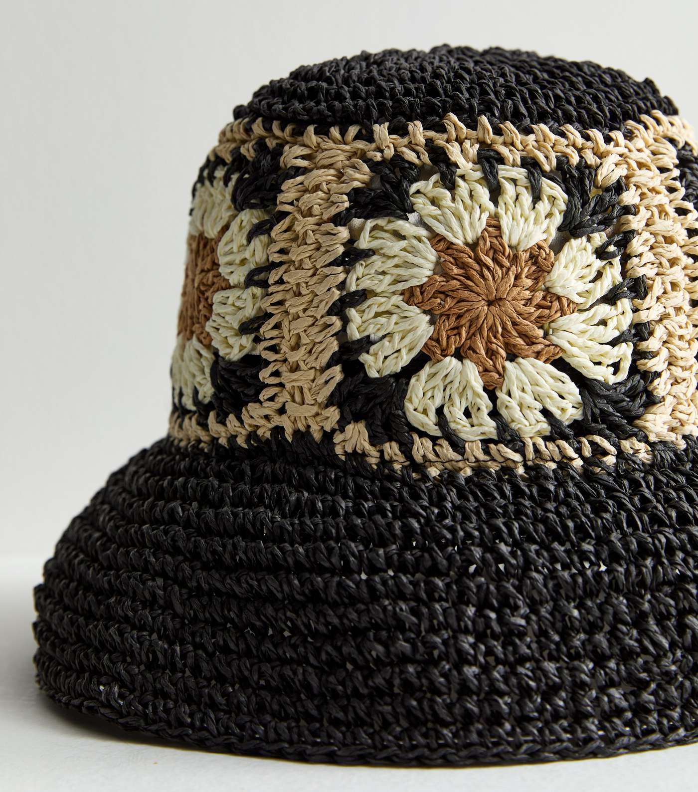 Black Flower Straw Effect Packable Bucket Hat Image 3