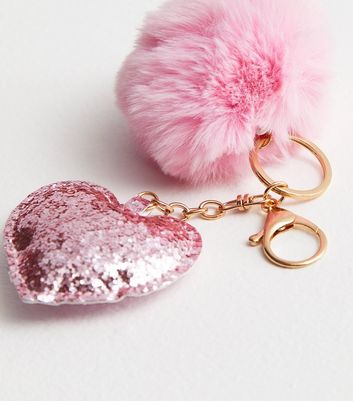 Pink Faux Fur Pom Pom Heart Bag Charm New Look