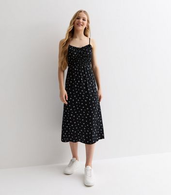 Girls Black Ditsy Floral Ruched Midi Dress New Look