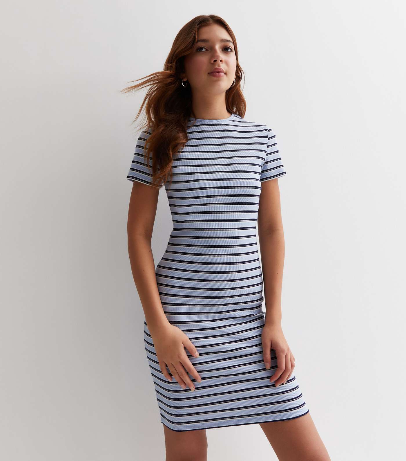 Girls Blue Stripe Ribbed Crew Neck Mini Dress | New Look