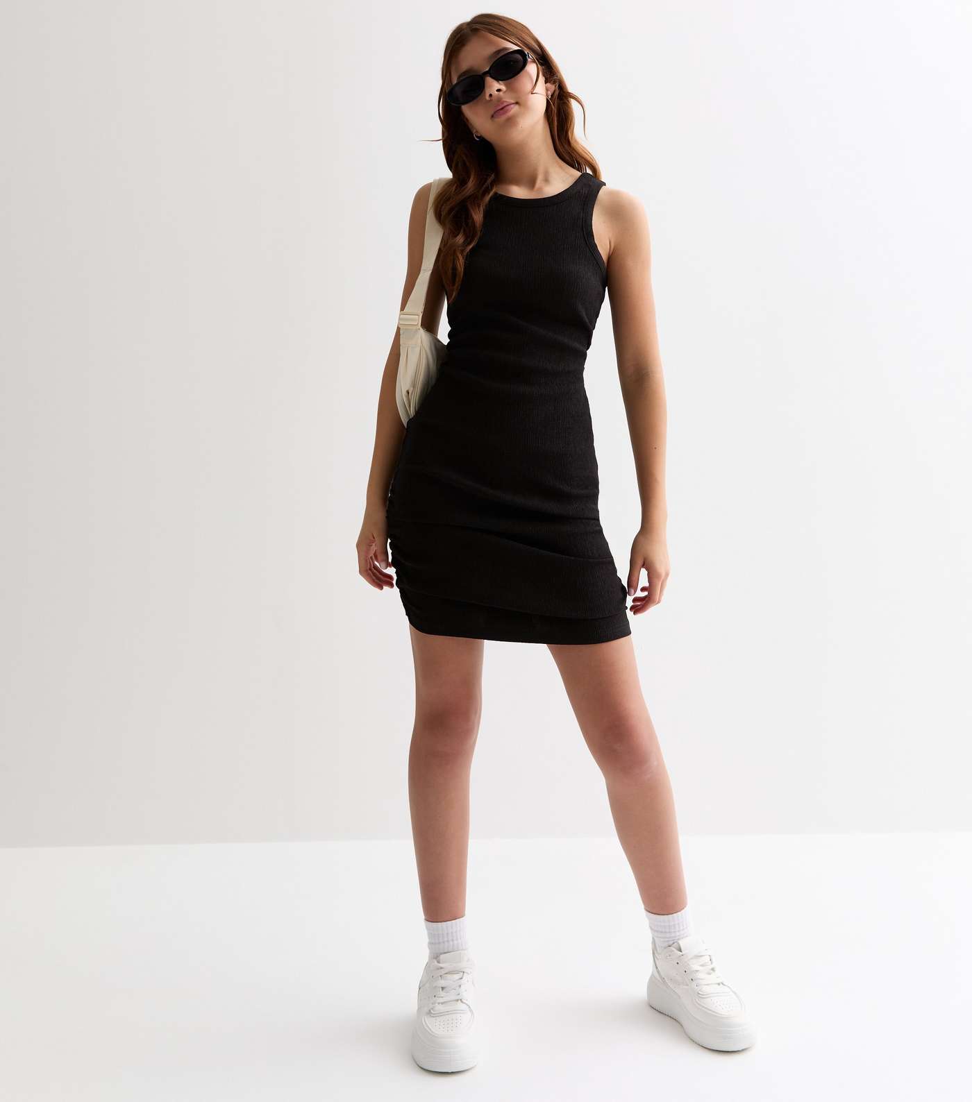 Girls Black Textured Jersey Racer Mini Dress Image 3