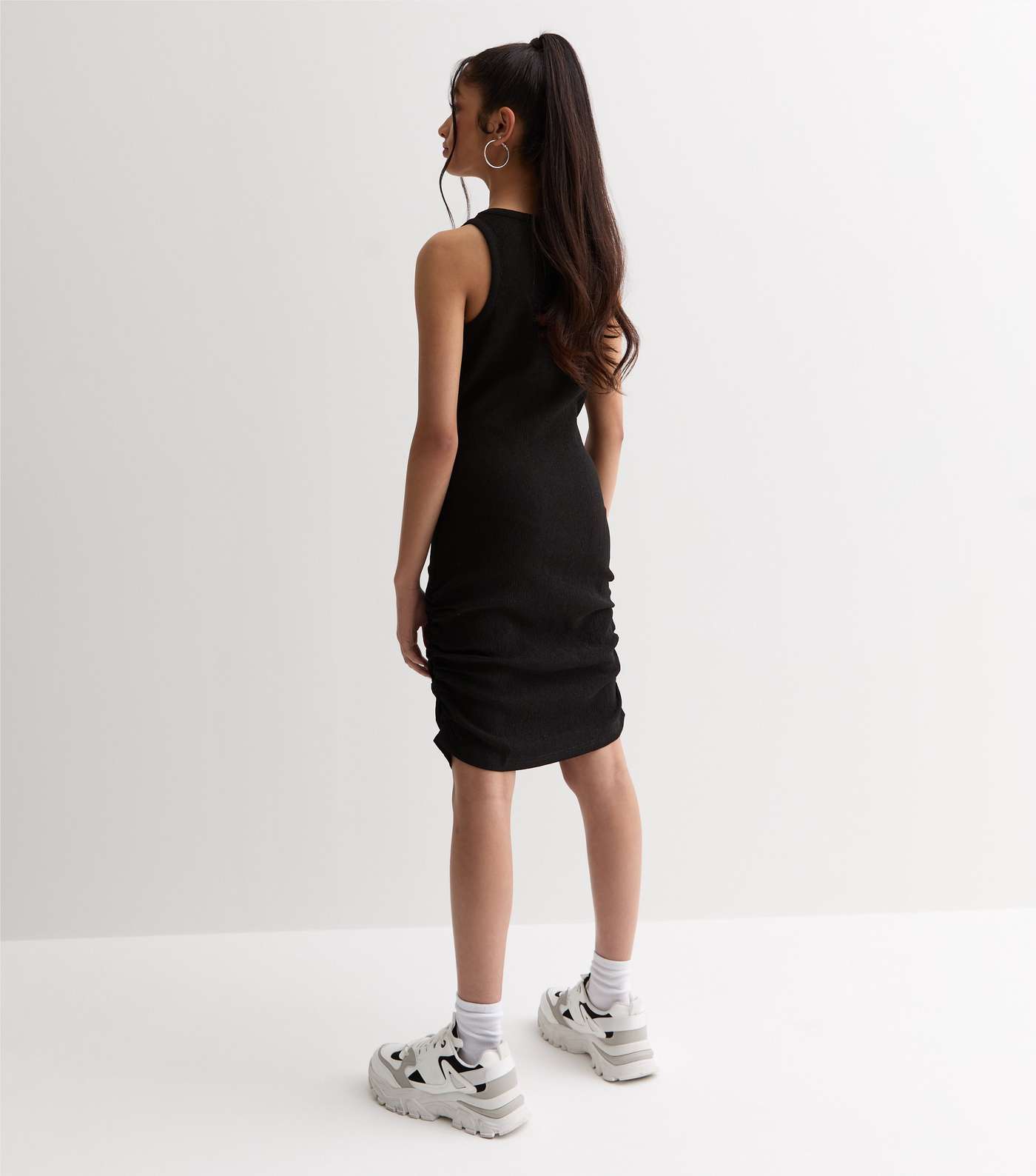 Girls Black Textured Jersey Racer Mini Dress Image 5