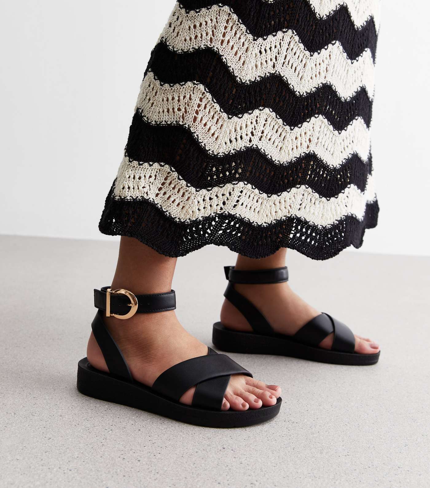 Wide Fit Black Leather-Look 2 Part Chunky Sandals