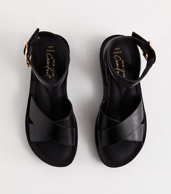 Wide Fit Black Leather-Look 2 Part Chunky Sandals New Look
