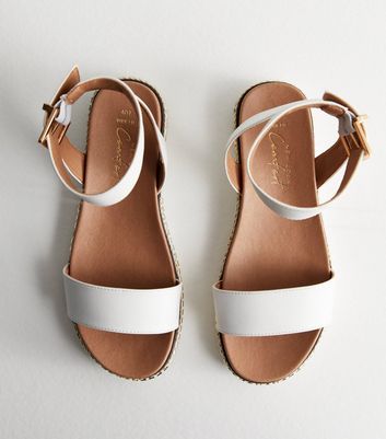 Wide Fit White Leather-Look 2 Part Gold Trim Sandals New Look
