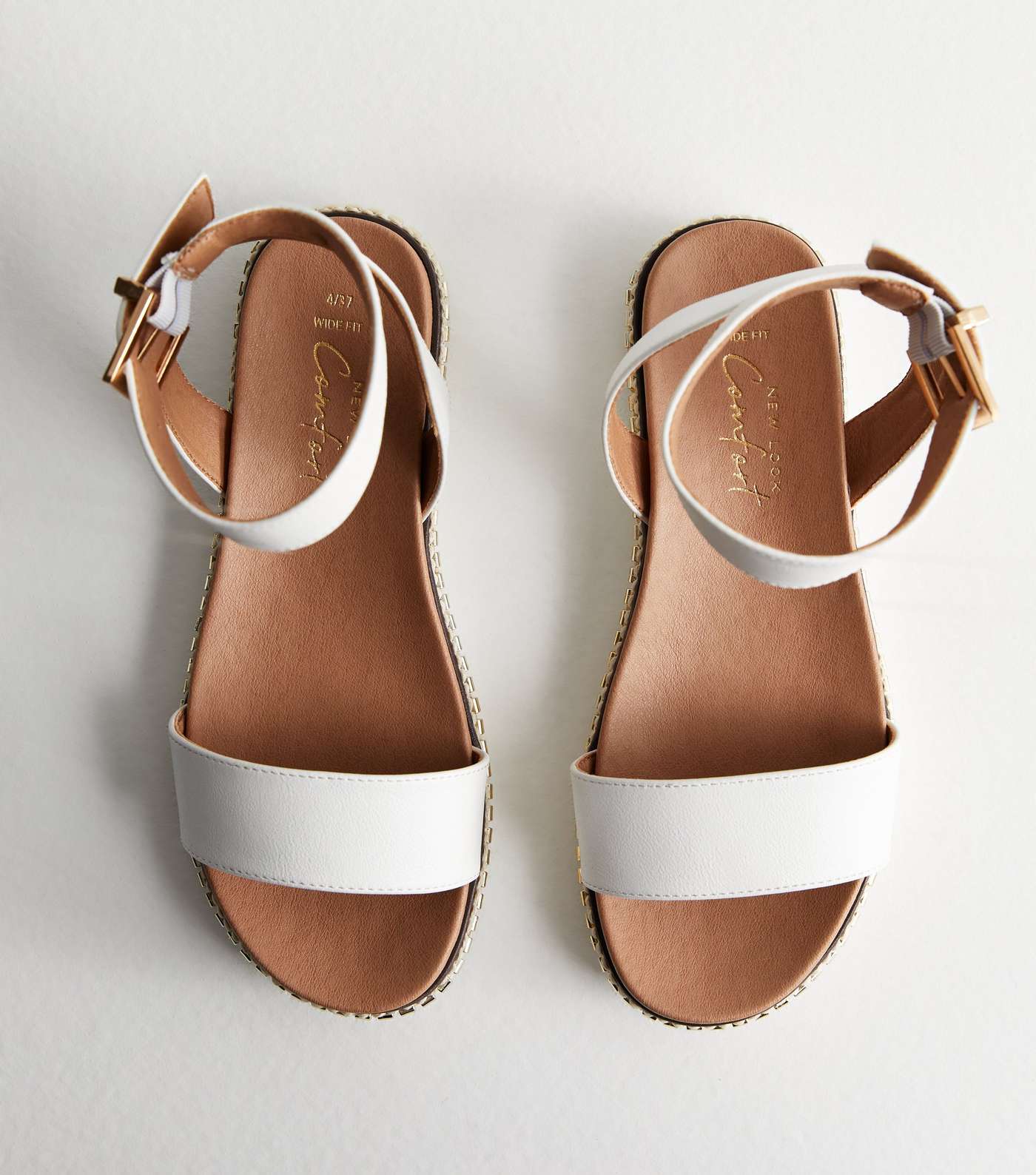 Wide Fit White Leather-Look 2 Part Gold Trim Sandals Image 3