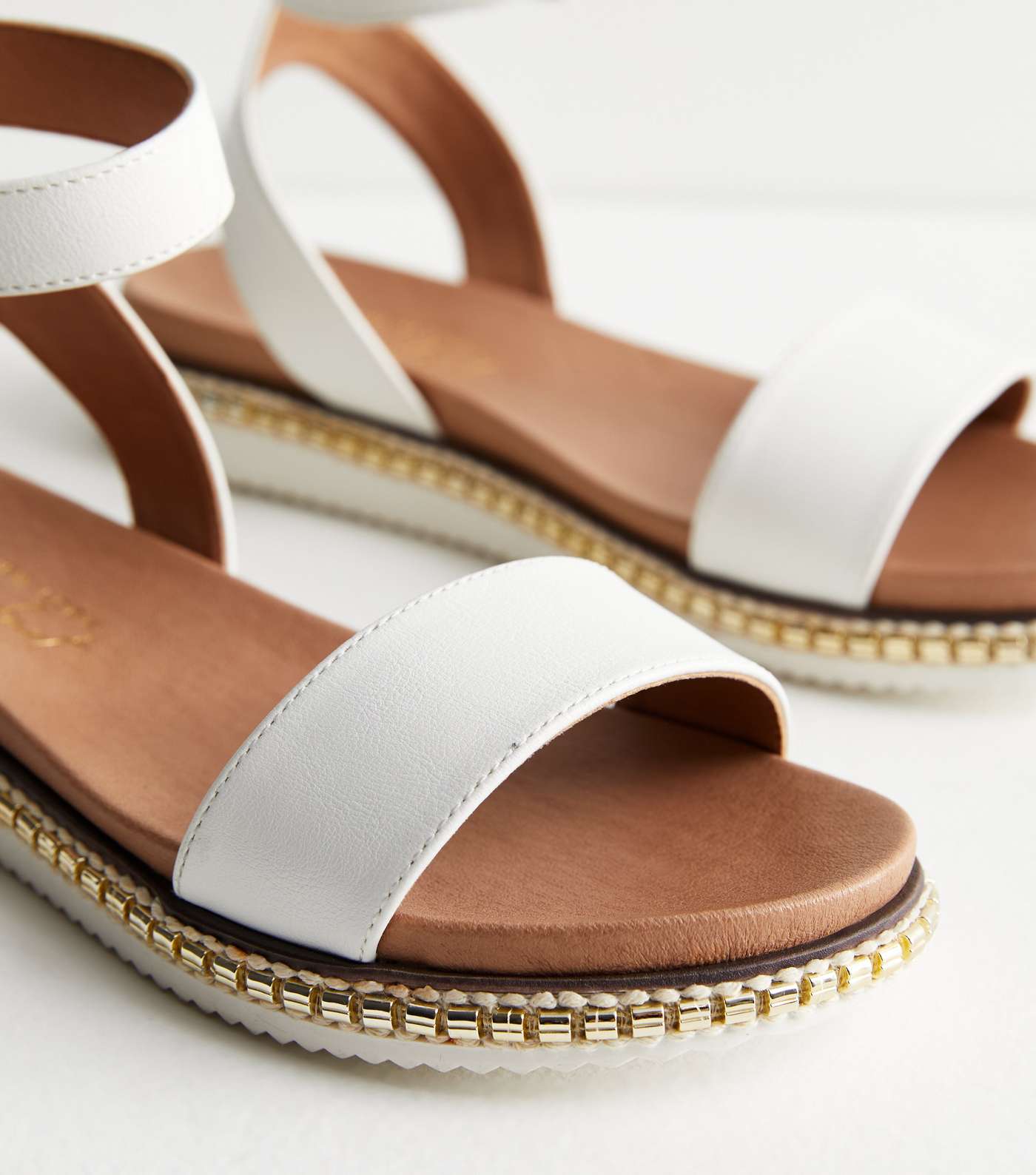 Wide Fit White Leather-Look 2 Part Gold Trim Sandals Image 5