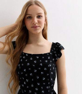 Girls Black Ditsy Print Frill Sleeve Mini Dress New Look
