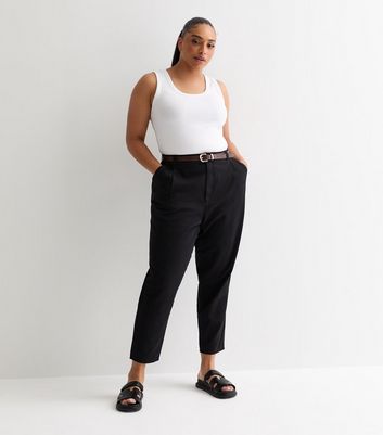 Curves Black Belted Cotton Trousers New Look