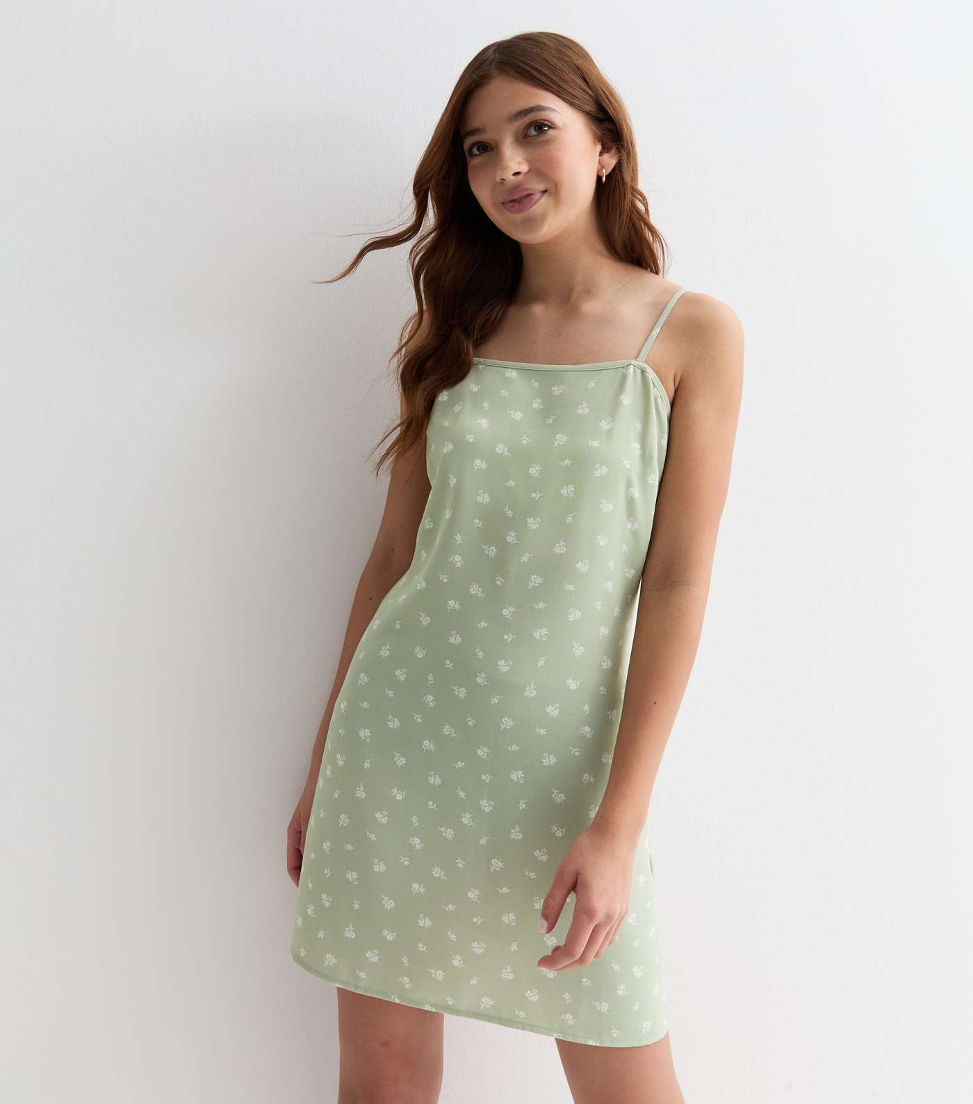 Girls Green Ditsy Floral Strappy Dress Image 3