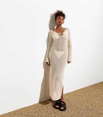 Cream Crochet Knit Long Sleeve Split Hem Maxi Dress