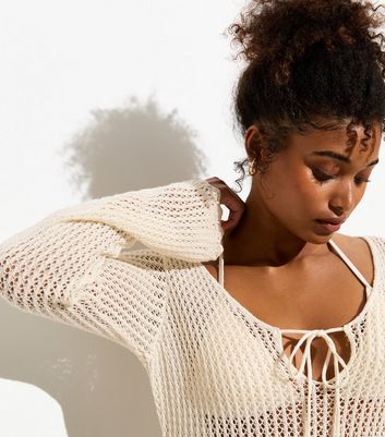 Cream Crochet Knit Long Sleeve Split Hem Maxi Dress New Look