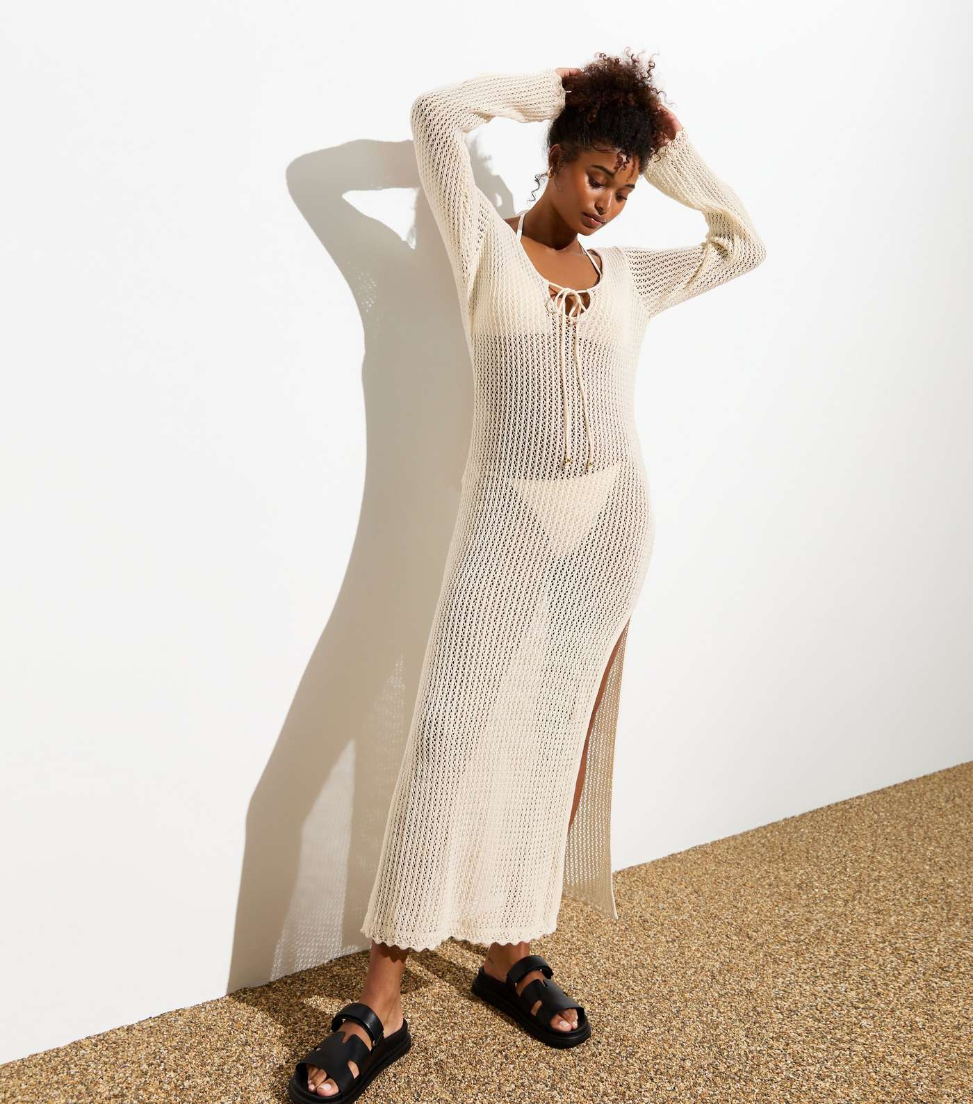 Cream Crochet Knit Long Sleeve Split Hem Maxi Dress Image 4
