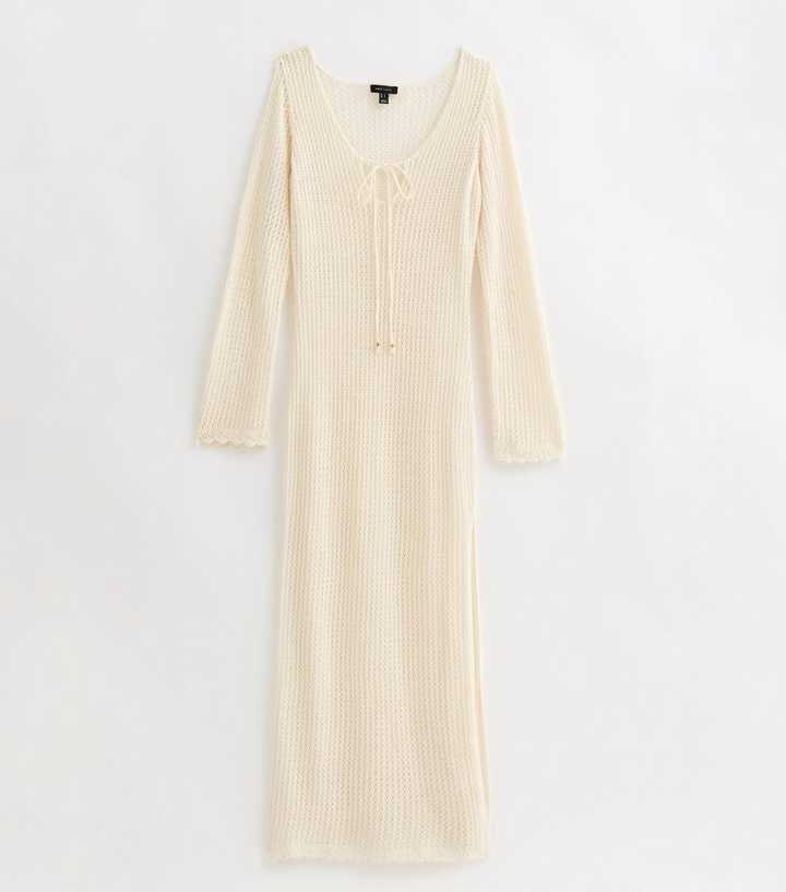 Cream Crochet Knit Long Sleeve Split Hem Maxi Dress