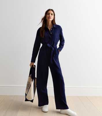 Navy Belted Wide Leg Utility Jumpsuit