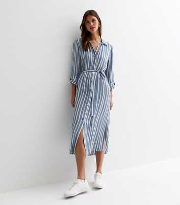 Blue Stripe Belted Midi Shirt Dress