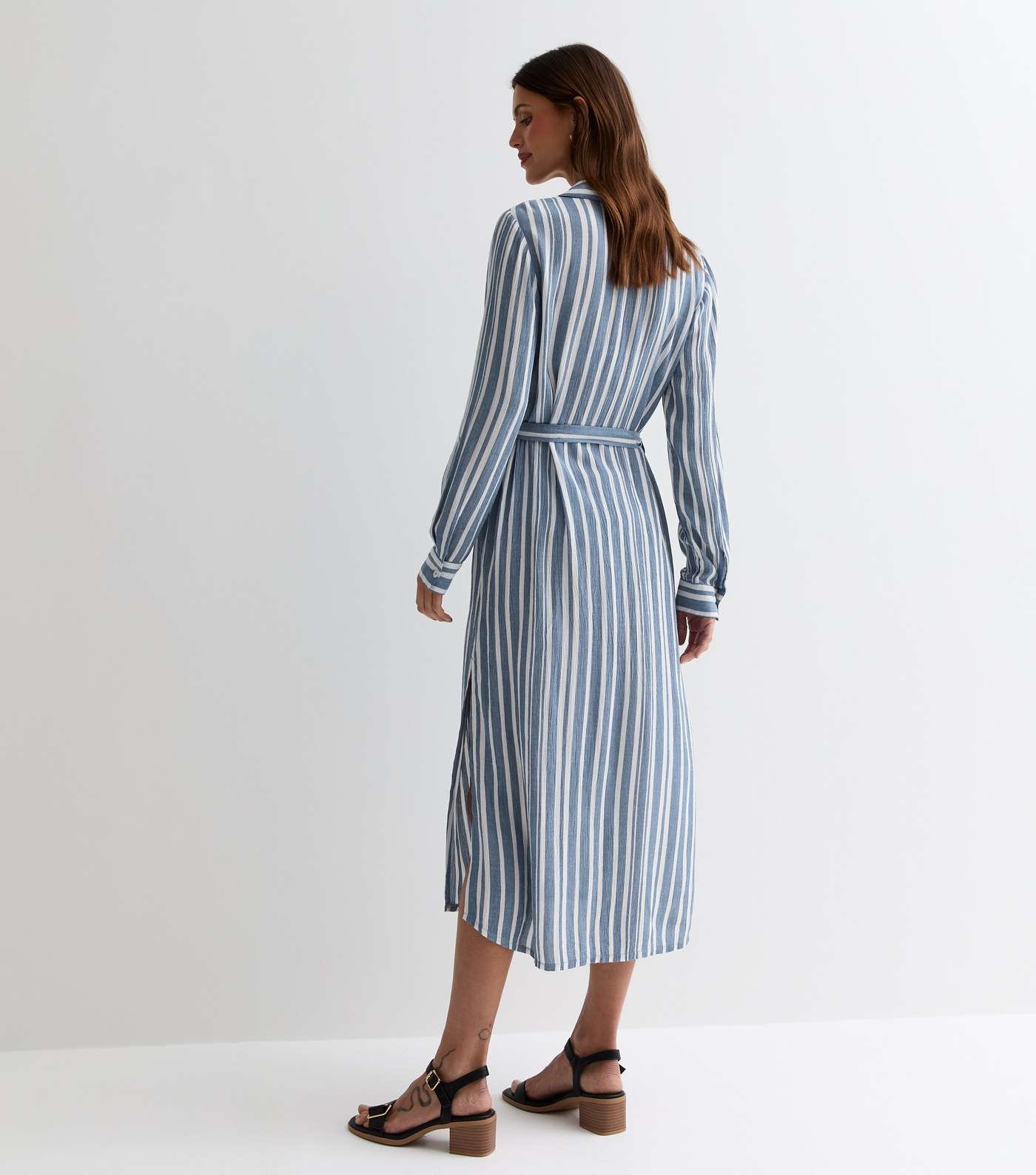 Blue Stripe Belted Midi Shirt Dress Image 4