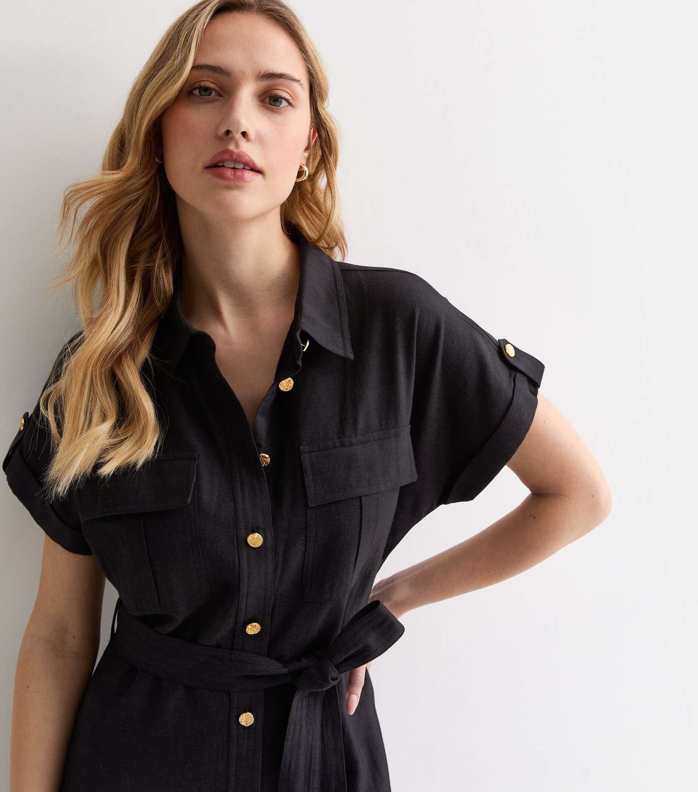 Black Utility Belted Midi Shirt Dress Image 2