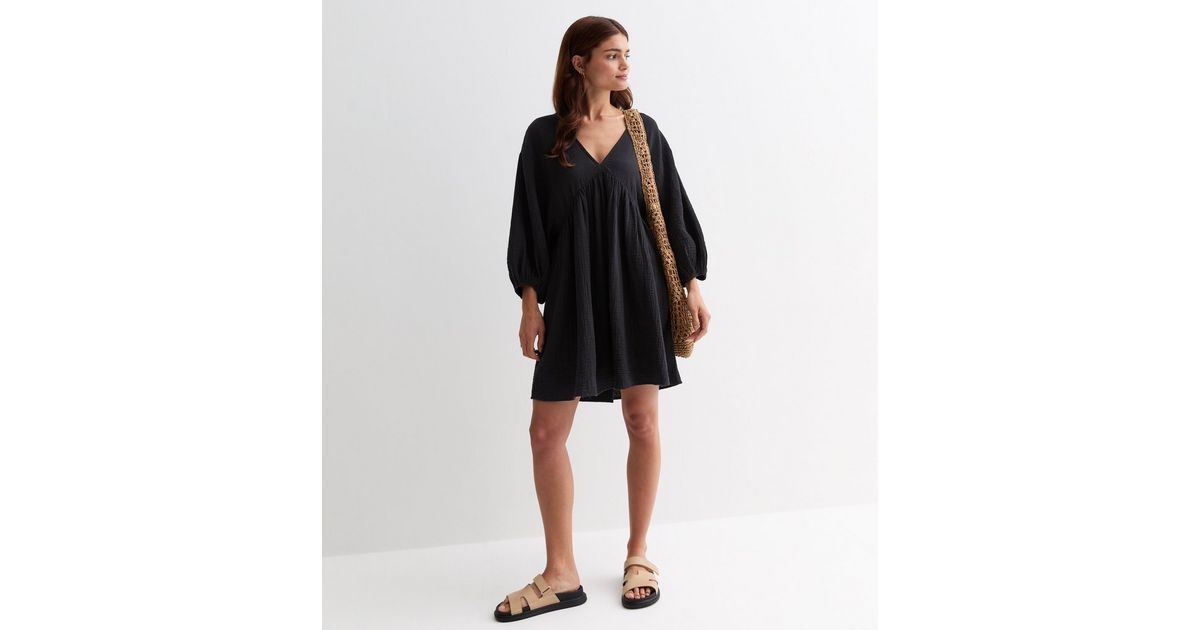 Casual Cotton V-Neck Black Mini Dress