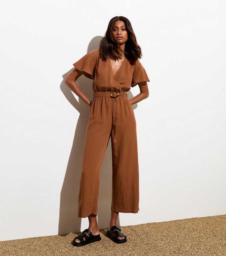 Rust Belted Wrap Wide Leg Jumpsuit