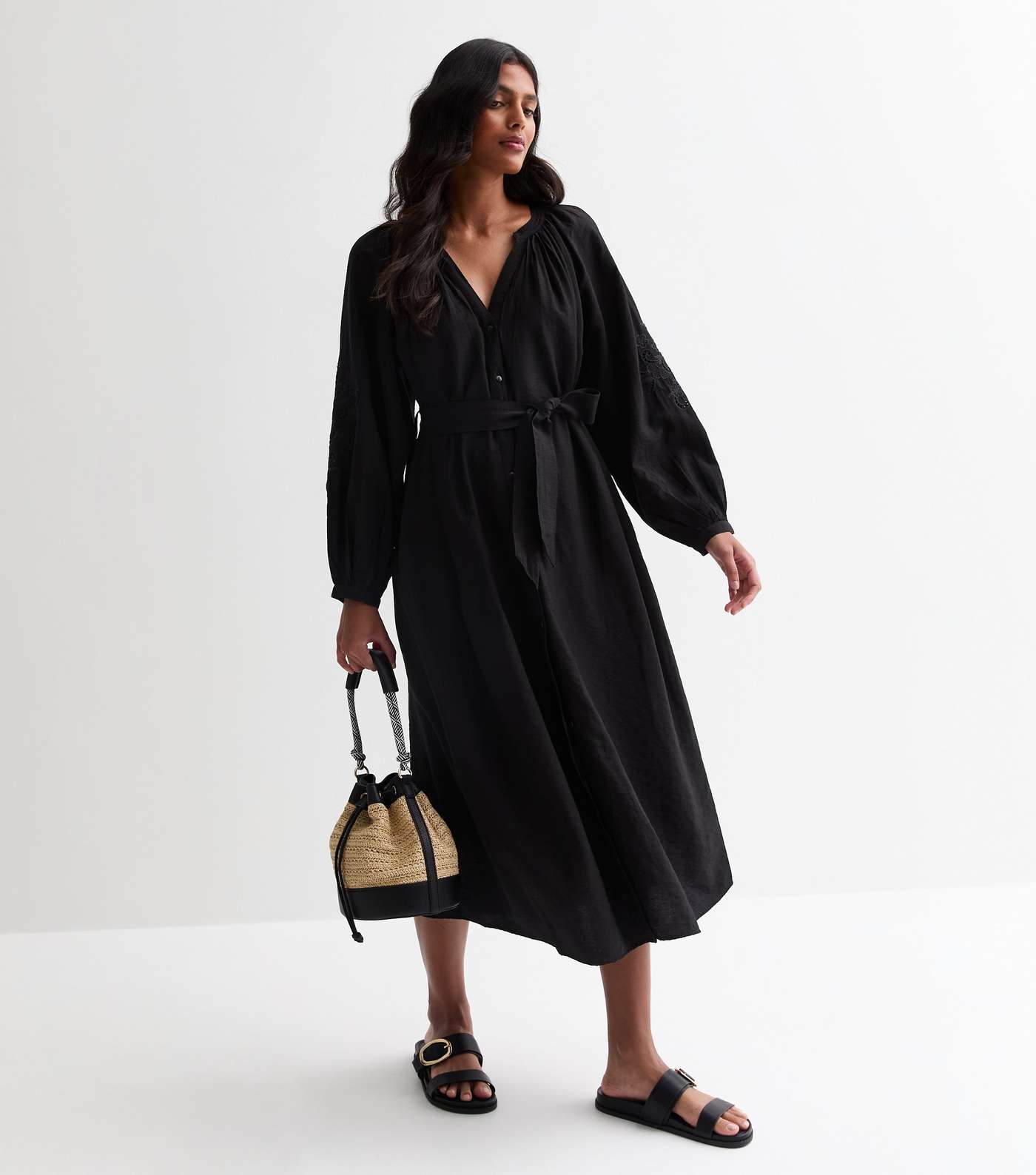 Black Embroidered Sleeve Midi Dress Image 3