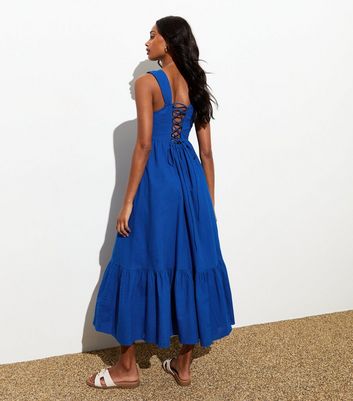 Blue Square Neck Back-Tie Midi Dress | New Look
