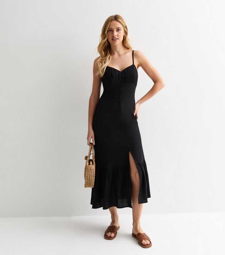 Black Strappy Decorative-Button Midi Dress