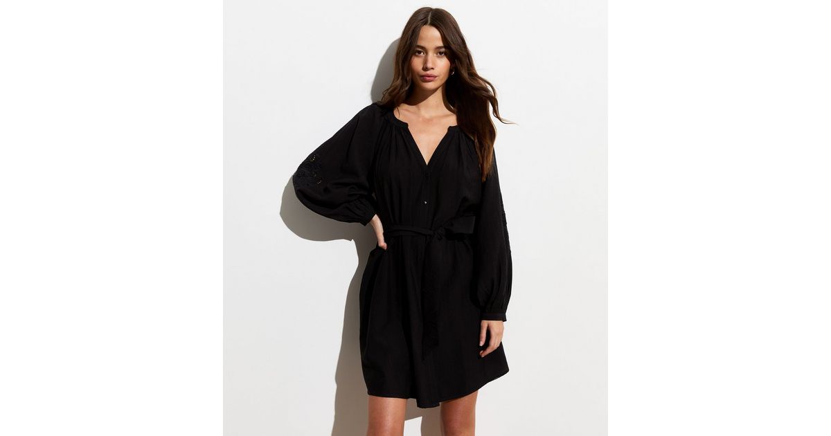 Black Embroidered Belted Mini Dress | New Look