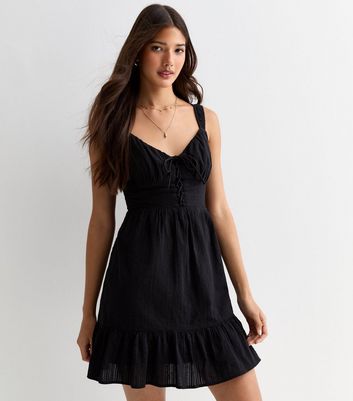 Black Cotton Lace Up Milkmaid Mini Dress New Look